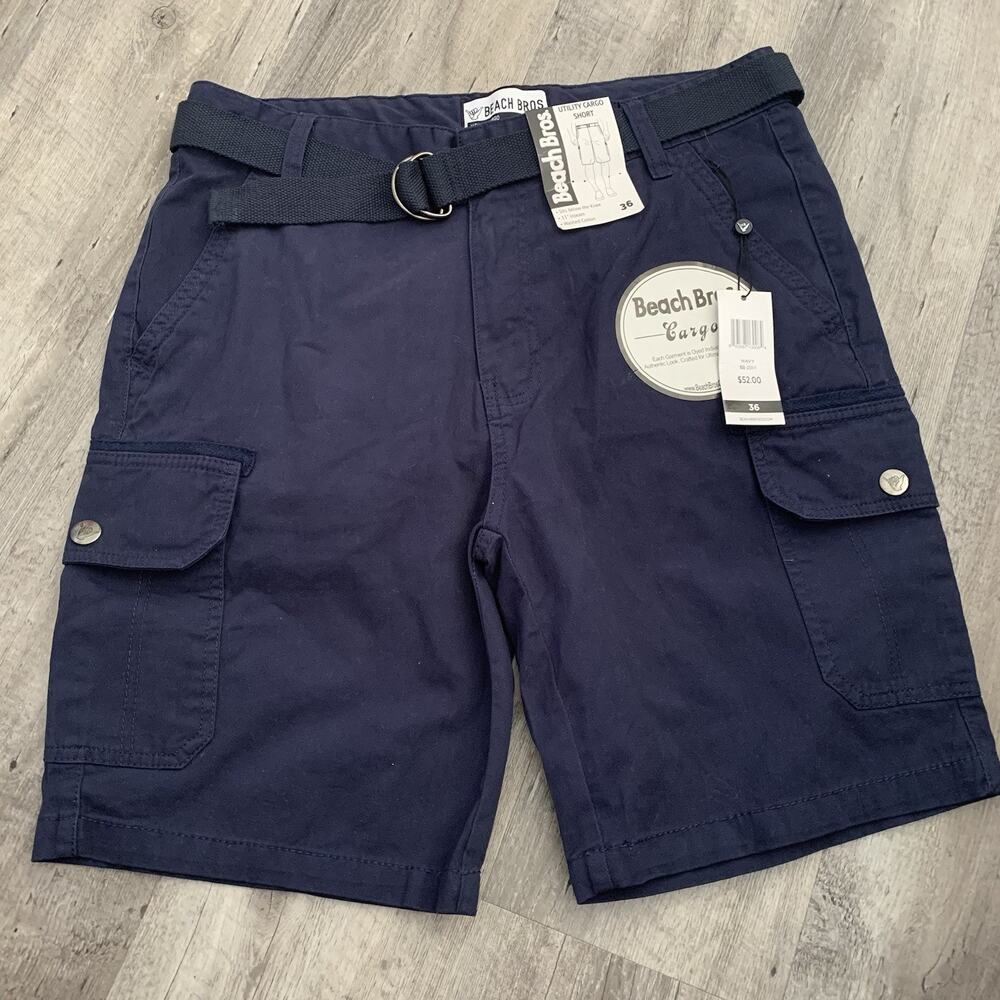 Beach Bros. Utility Cargo Shorts Mens Sz 36 Blue Belted 100% Cotton 11” Ins NEW